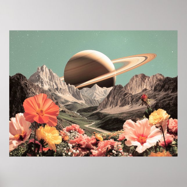 Surreal Saturn über dem Bergtal Poster (Vorne)