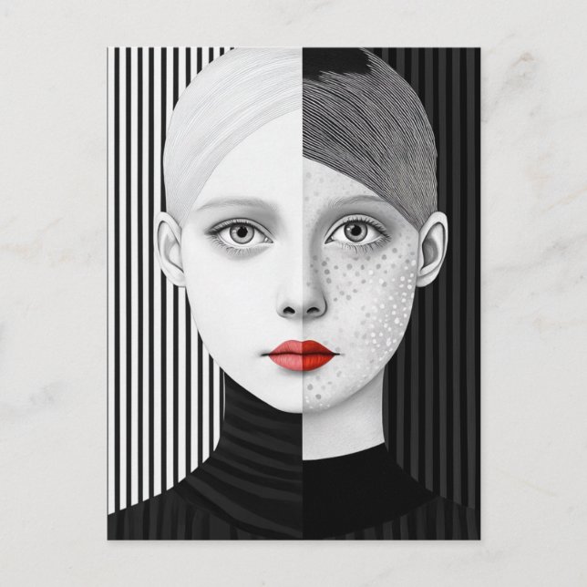 Surreal Schwarz-Weiß-Gesicht Rote Lippen Postkarte (Vorderseite)