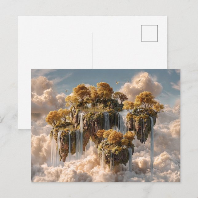 Surreal schwebende Inseln mit goldenen Bäumen Postkarte (Vorne/Hinten)