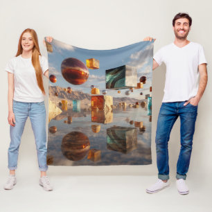 Surreal schwebende Kugeln und Würfel Fleecedecke