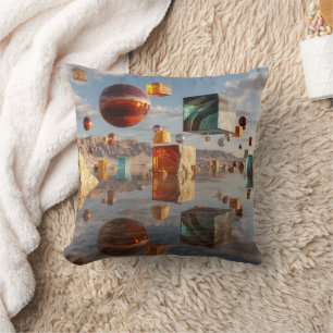 Surreal schwebende Kugeln und Würfel Kissen