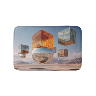 Surreal schwebende Würfel und reflektierende Kugel Badematte