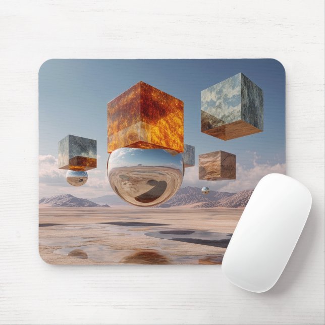 Surreal schwebende Würfel und reflektierende Kugel Mousepad (Mit Mouse)