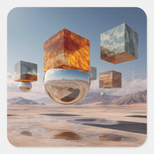 Surreal schwebende Würfel und reflektierende Kugel Quadratischer Aufkleber