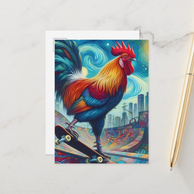 Surreal Skateboarding Rooster Postkarte (Vorderseite/Rückseite Beispiel)