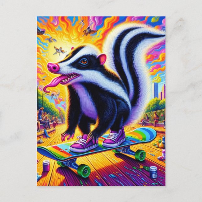 Surreal Skateboarding Skunk Postkarte (Vorderseite)