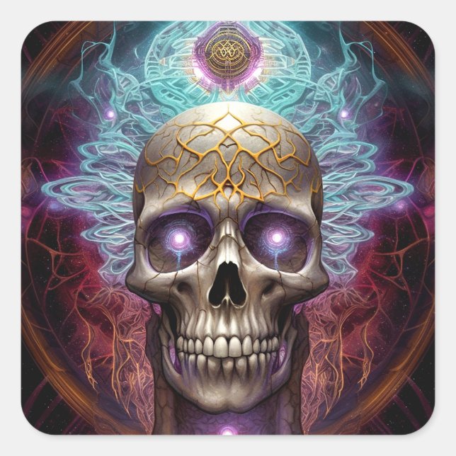 Surreal Skull Farben Visionäre Kunst Quadratischer Aufkleber (Vorderseite)