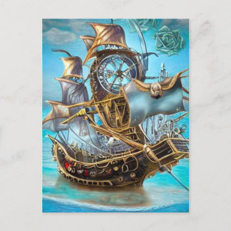Surreal Steampunk Gold Trim Ship Postkarte