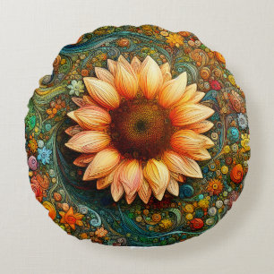 Surreal Sunflower Symphony Rundes Kissen