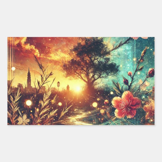 Surreal Sunset and Floral Skyline Artwork Rechteckiger Aufkleber (Vorderseite)