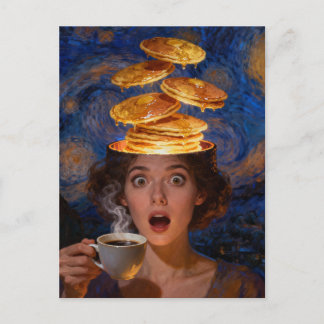 Surreal Surprised Breakfast Pancakes Coffee Woman  Postkarte
