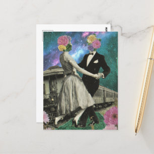 Surreal tanzen Blumenmenschen und ein Zug Postkarte