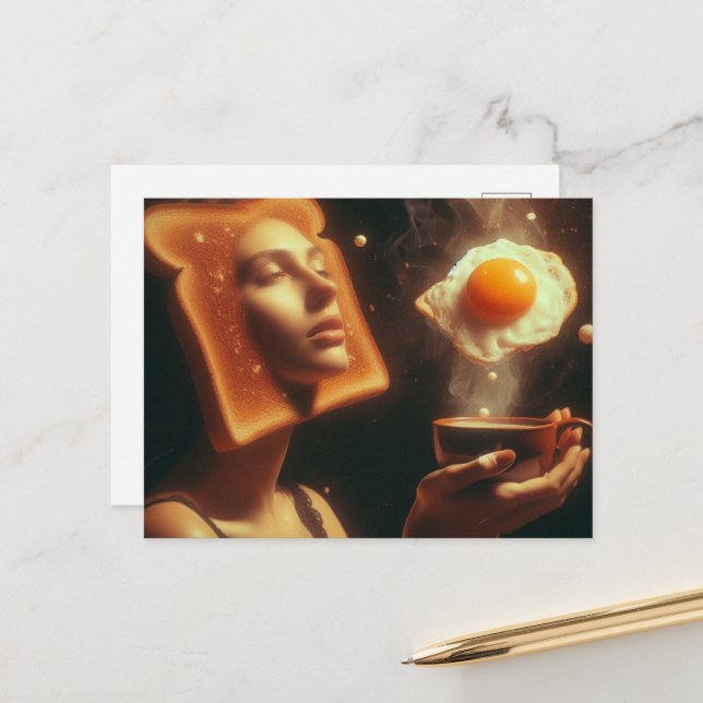 Surreal Toast ang Egg Frühstücksfrau Postkarte (Vorderseite/Rückseite Beispiel)