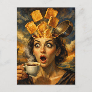 Surreal überraschte Frühstücks-Toast-Kaffee-Frau Postkarte
