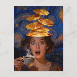 Surreal überraschte Frühstückspfannkuchen Kaffee F Postkarte