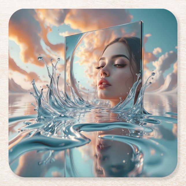 Surreal Water Mirror Portrait — Frauengesicht Rechteckiger Pappuntersetzer (Vorderseite)