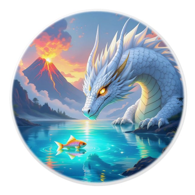 Surreal Weißer Drache und Goldfisch Keramikknauf (Vorderseite)