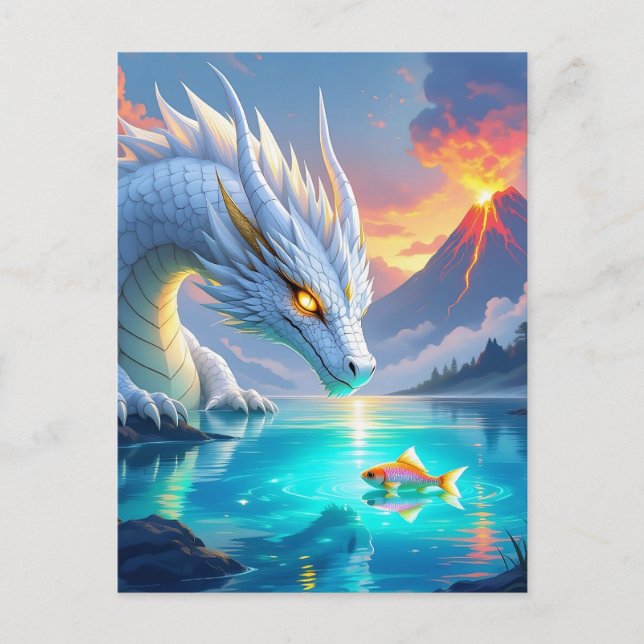 Surreal Weißer Drache und Goldfisch Postkarte (Vorderseite)