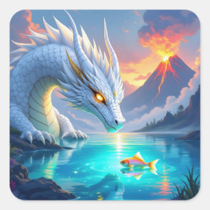 Surreal Weißer Drache und Goldfisch Quadratischer Aufkleber