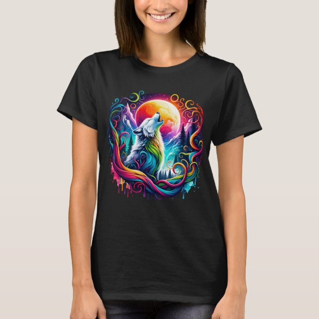 Surreal Wolf Howling am Mond 02 T-Shirt (Vorderseite)