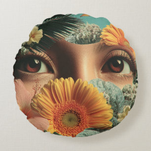 Surreale Augen und Blumen mit Schmetterlingen Rundes Kissen