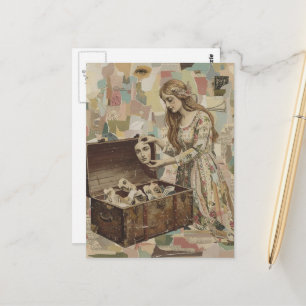 Surreale Frau, die die Stücke von sich selbst aufh Postkarte