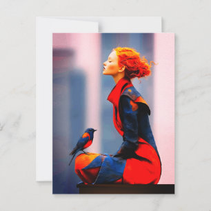 Surreale Frau und Vogel Elegante rote Haare Fantas Postkarte