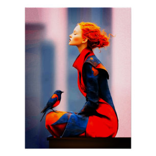 Surreale Frauen und Vogel Elegante Fantasie Rotes Poster