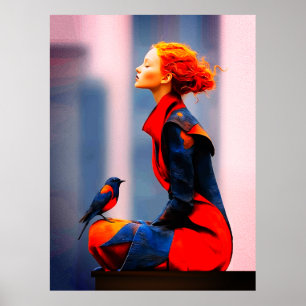 Surreale Frauen und Vogel Elegante Fantasie Rotes Poster