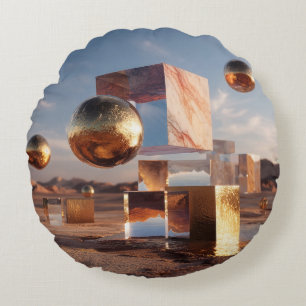 Surreale geometrische Komposition mit goldenen Kug Rundes Kissen
