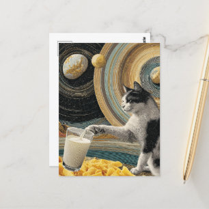 Surreale Katze mit Milch im Weltraum Postkarte