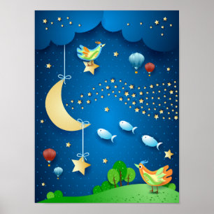 Surreale Nacht mit Mond und Sternenwelle Poster