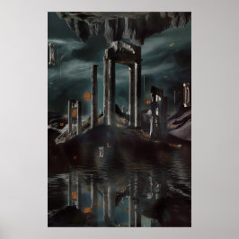 Surreale schwebende Ruinen Obsidianbecken Poster