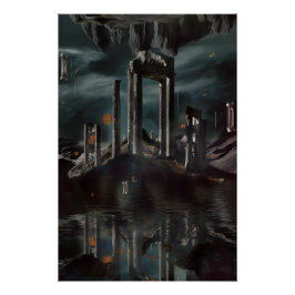 Surreale schwebende Ruinen Obsidianbecken Poster