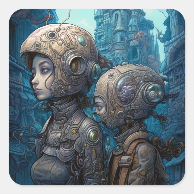 Surreale Science Fiction Quadratischer Aufkleber (Vorderseite)