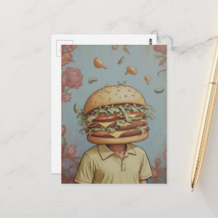 Surrealer abstrakter Mensch mit einem Cheeseburger Postkarte