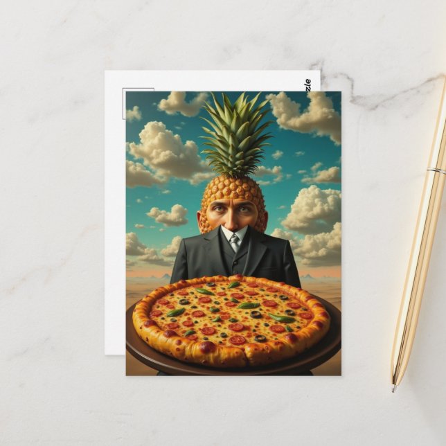 Surrealer Ananas-Pizza-Mann Postkarte (Vorderseite/Rückseite Beispiel)