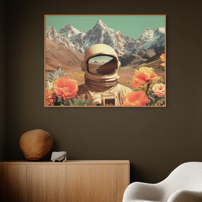Surrealer Astronaut auf Blumenfeld Leinwanddruck (Surreal Astronaut In Flower Field)