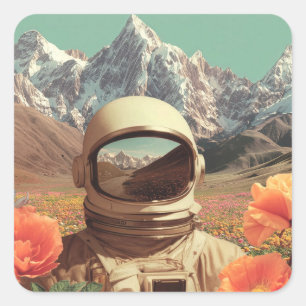 Surrealer Astronaut auf Blumenfeld Quadratischer Aufkleber