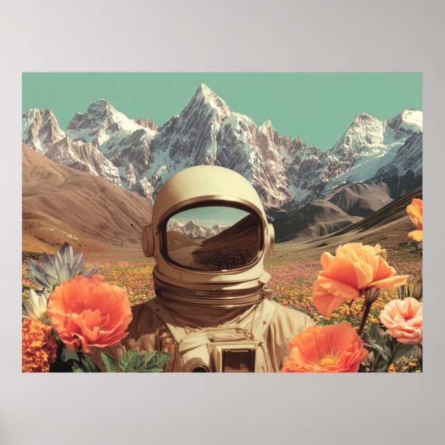 Surrealer Astronaut auf einem Blumenfeld Poster (Vorne)