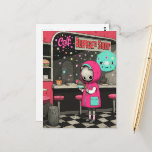Surrealer Burgerladen-Kateze in einem rosa Jackett Postkarte