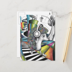 surrealer farbenfroher Igel hört Musik Postkarte