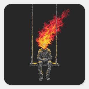 Surrealer Flammender Kopf Dark Art Streetwear Graf Quadratischer Aufkleber