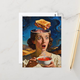 Surrealer Grillkäse und Suppe Postkarte