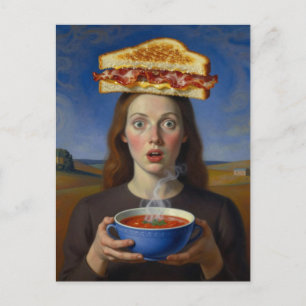 Surrealer Grillkäse und Suppe Postkarte
