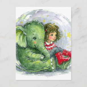 Surrealer grüner Baby-Elefant und Mädchen in roten Postkarte