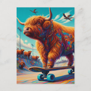 Surrealer Highland-Cow auf Skateboard Postkarte