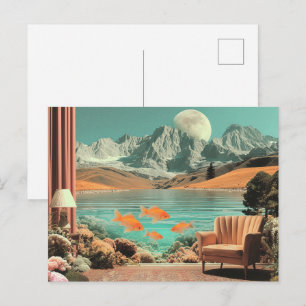 Surrealer Innenraum mit Fischen und mondbeschienen Postkarte