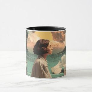 Surrealer Innenraum mit Frau und Katze Tasse