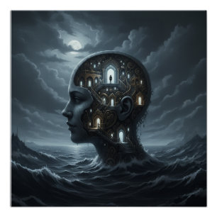 Surrealer Kopf einer Frau mit Räumen taucht aus de Poster